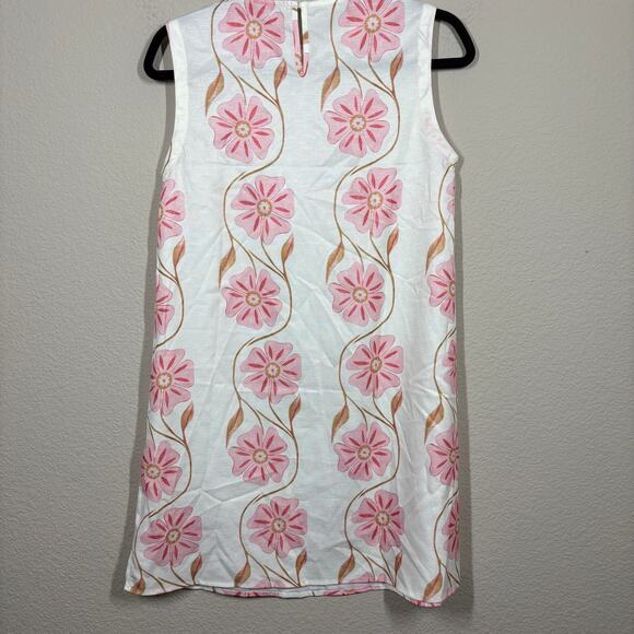 Commense Size XS Mini Shift Dress White Pink Floral Crew Neck Sleeveless Stretch - Picture 3 of 8